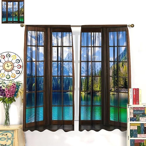 Miniatura 3 de Cortinas opacas de paisaje de montaña nevada, lago natural, sol, picos nevados, patrón de impresión para dormitorio, sala de estar, 42 x 63 pulgadas