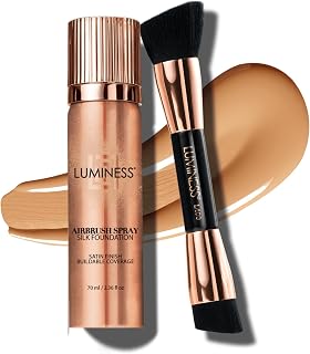 LUMINESS Silk Airbrush Spray Foundation & Buffing Brush Kit – Full Coverage Foundation & Dual-Sided Buffing Brush - Buildable Coverage, Anti-Aging Formula Hydrates & Moisturizes (Shade - Medium)