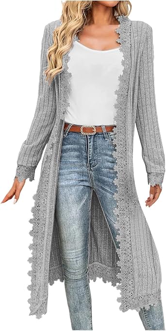 Long Cardigan Sweaters for Women Lightweight Knit Cardigan with Lace Trim Ribbed Open Front Cardigans Long Sweaters
