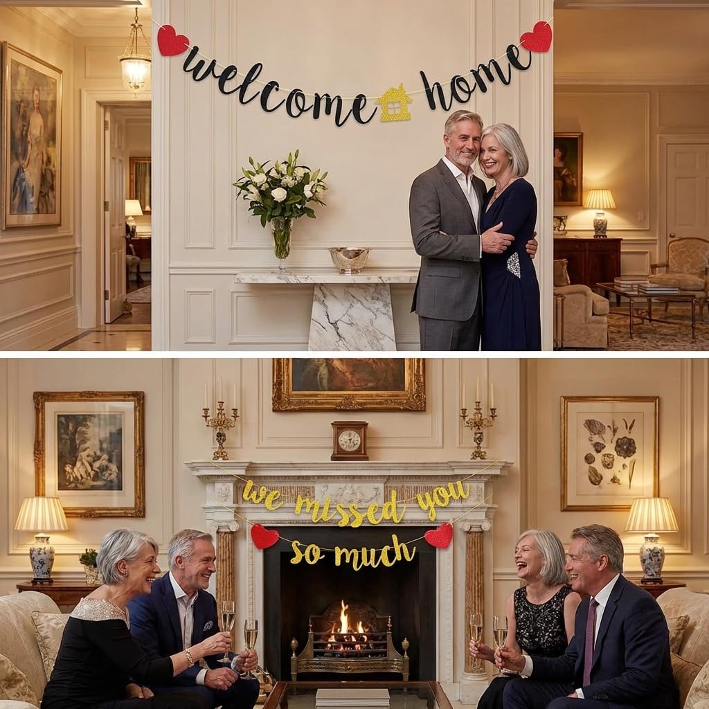 Welcome Home Banner - Durable Polyester We Missed You So Much Sign - Easy to Hang Home Decor for Front Door, Adult Party Decorations (Black Gold, 3.9Ft) — view 3