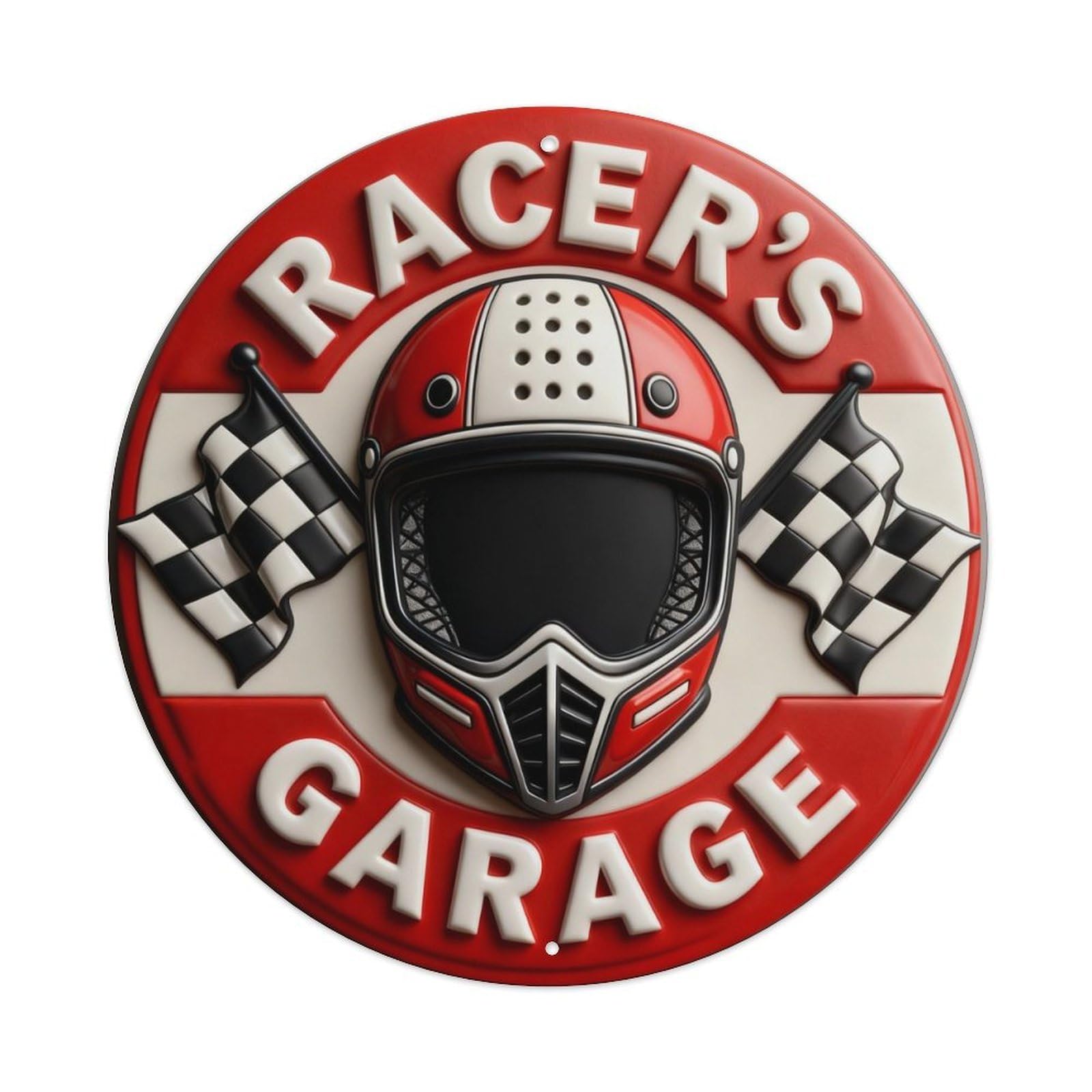 Racer's Garage Helmet Flag Pattern Round Metal Tin Sign Vintage Wall Decor, Bar Garage Cafe Kitchen Home Wall Art Poster 8x8inches