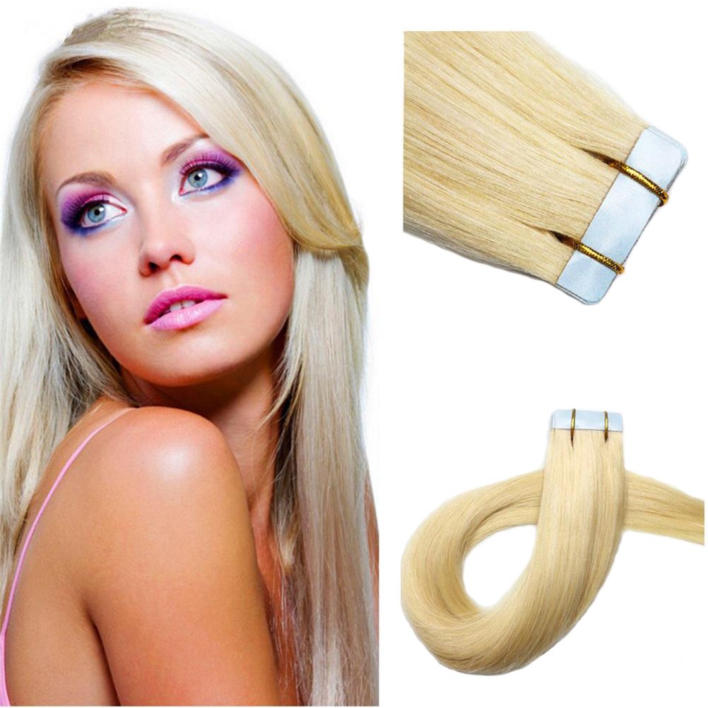 16"18"20"Tape in Remy Human Hair Extensions Seamless Pu Skin Weft Straight Hair 20 Pieces(pcs) (18'', Light Blonde)