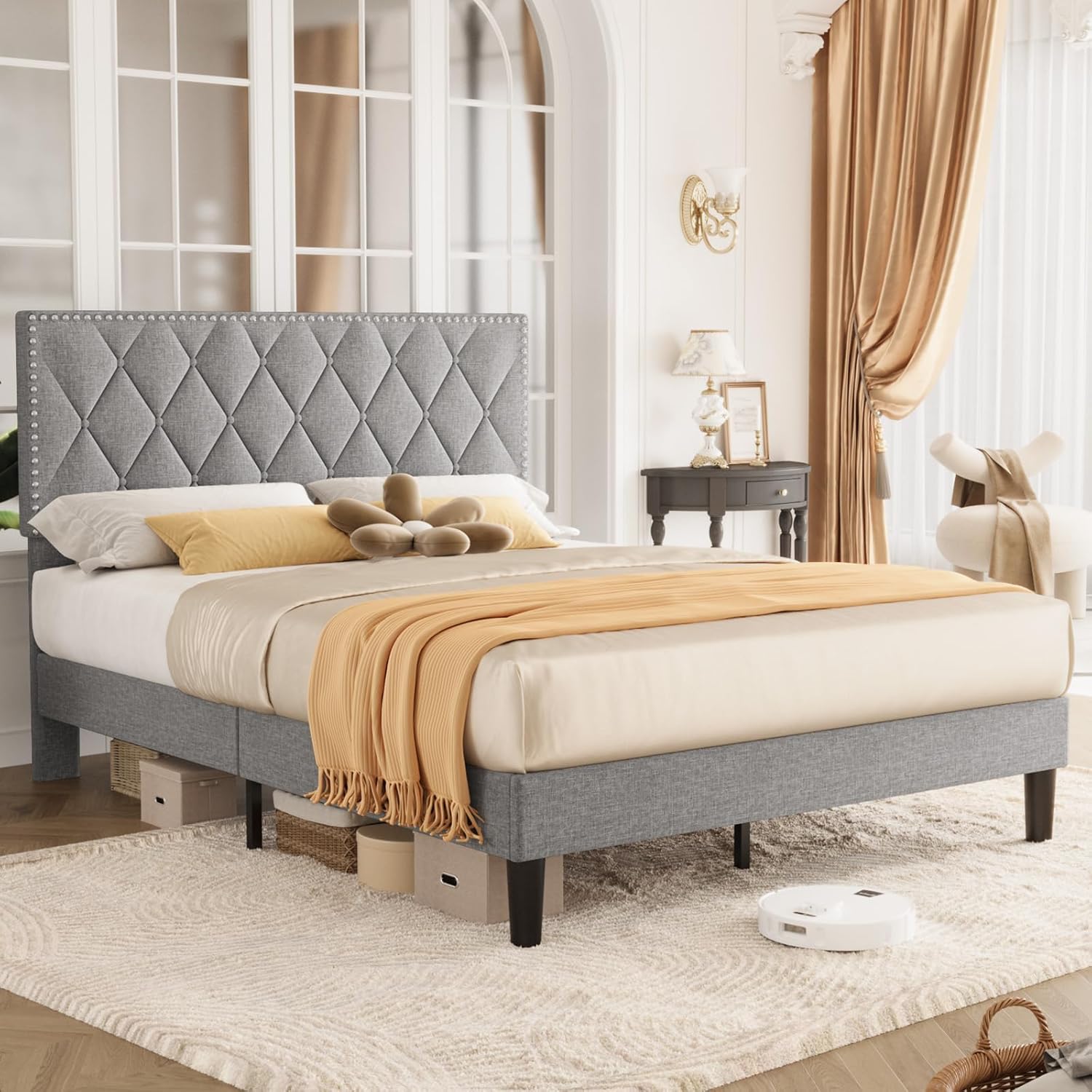 ONBRILL Queen Size Platform Bed Frame with Upholstered Headboard, Bed Frame with Button Tufted Adjustable Headboard, Bed Frame with Strong Wooden Slat, No Box Spring Needed, Noiseless, Lightgrey