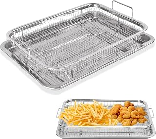Stainless Steel Crispy Tray & Basket Non-Stick Crisper Oven Tray Grill Basket Oven Air Fries Pan Mesh Basket Set for Baking Grilling French Fries Bacon Chicken Onion Rings