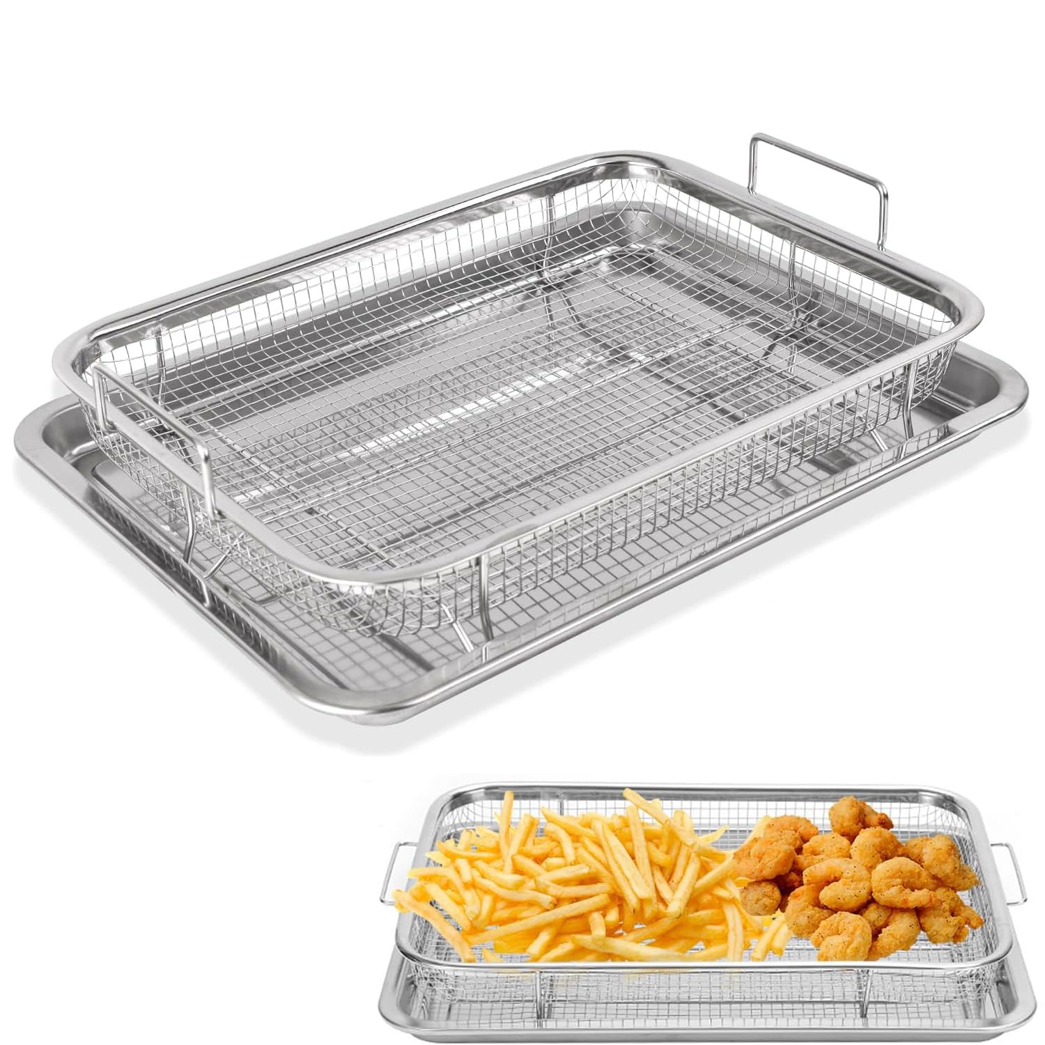 Stainless Steel Crisper Tray and Basket, Non-Stick Crisper Oven Tray, Grill Basket Oven Air Fryer Pan Mesh Basket Set for Baking Grilling Fries Bacon Chicken Onion Rings (32.5x24.5x8cm)