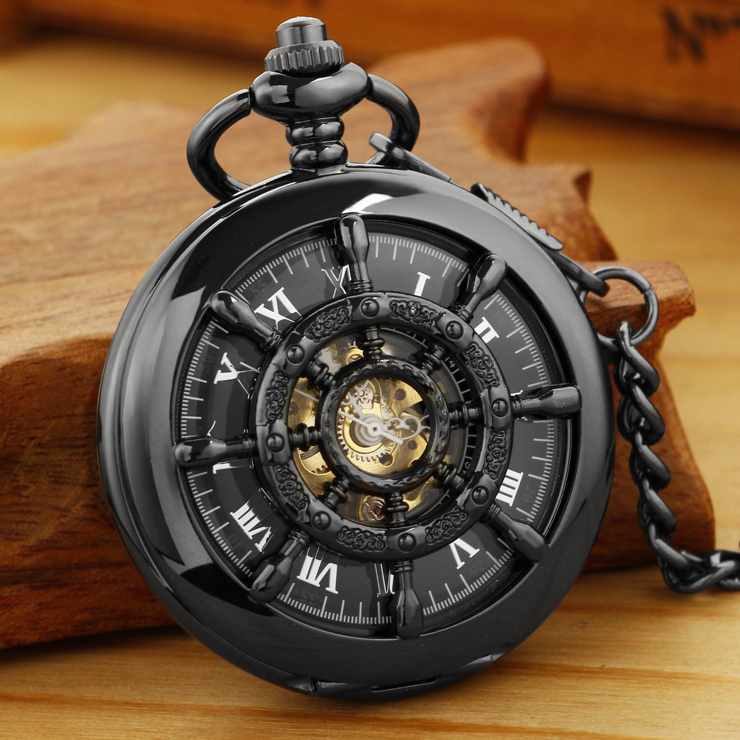 Men's Mechanical Pocket Watch Black Rudder Pattern Double Open Hollow Roman Numerals Pocket Watch