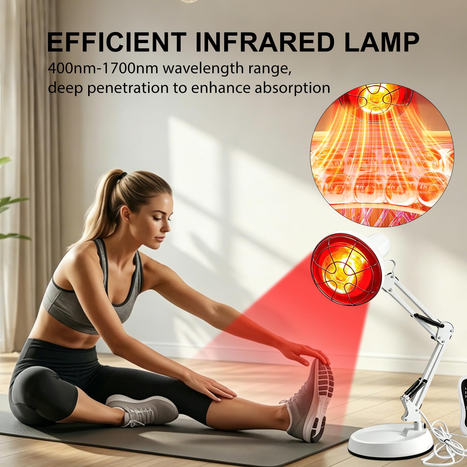150W Rotlichtlampe Wärmelampe mit 10 Stufen Timer, Verstellbarer Standfuß