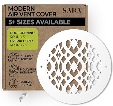 SABA Home Decor Air Vent Cover Grille - Acrylic Plexiglass 6" Round Duct Opening 7.5" Round Overall White Finish Registers for Walls and Ceilings NOT for Floor USE, Charlotte 1, 6" Round Screws