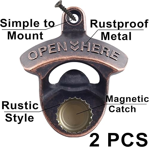 Miniatura 2 de Abridor de botellas de cerveza vintage de montaje en pared con imanes de cobre, acero inoxidable magnético para abrebotellas de cerveza rústico para
