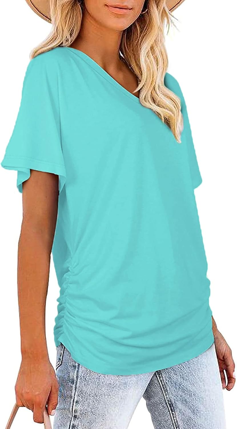 Women's V Neck T Shirts Short Sleeve Summer Casual Loose Dolman Tops with Side Shirring - Image 2