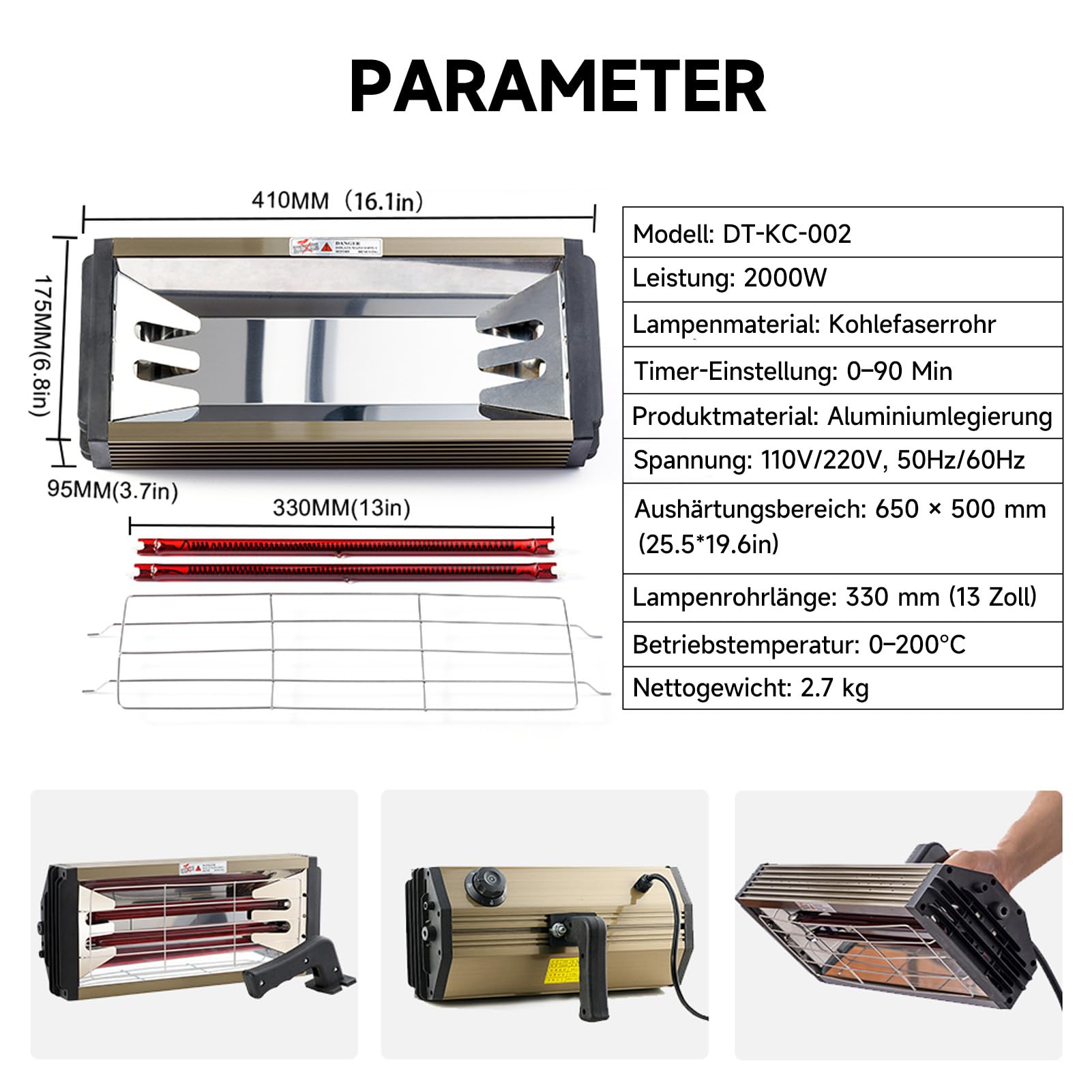 DATOUBOSS 2000W Infrarot Lacktrockner Trockner, Kurzwellen-Infrarot-Lackhärtungslampe 220V, mit intelligenter Zeitschaltuhr 0-90 für Auto Karosserie Reparatur, Lackierarbeiten(650×500MM)