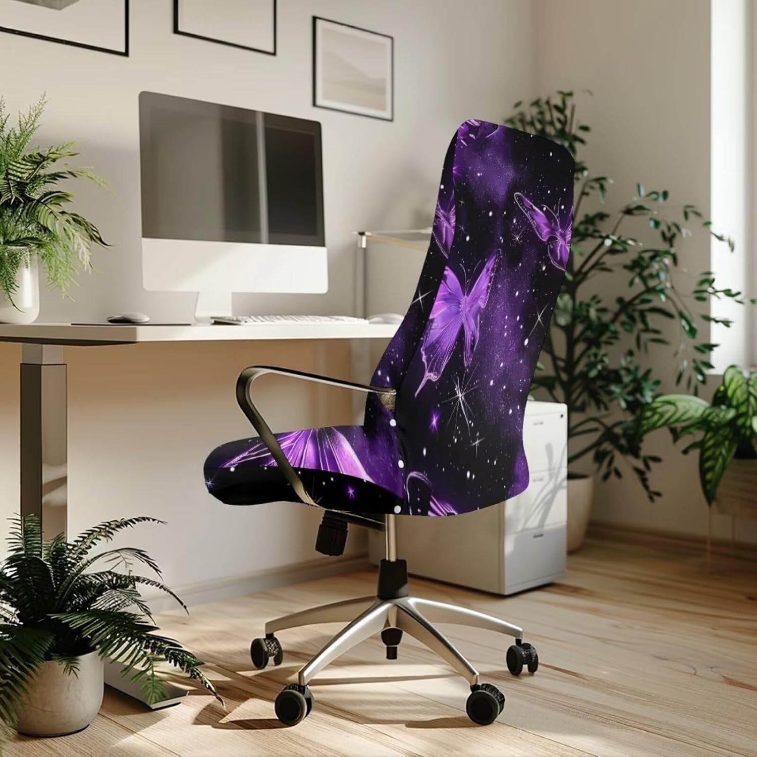 Purple Butterfly Office Chair Cover Rolling Desk Chair Cover Stretch Gaming Chair Covers Computer Chair Slipcovers for Swivel Chair Armchair Computer Boss Chair Reduces Dust-L