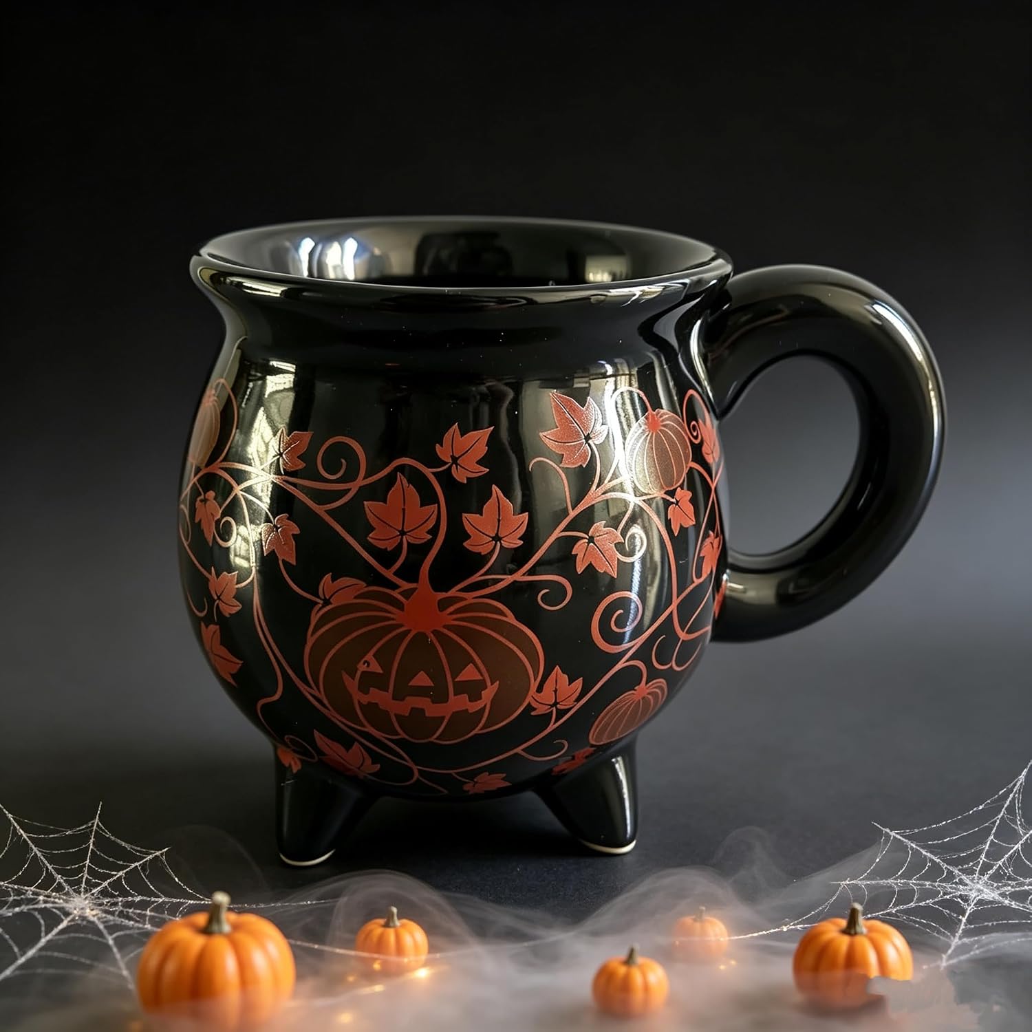 Halloween Ceramic Cauldron Mug, 17 Ounces Coffee Cup, Glossy Finish with Handle, Reusable Hot Beverage Container for Adults (Witch, Black)