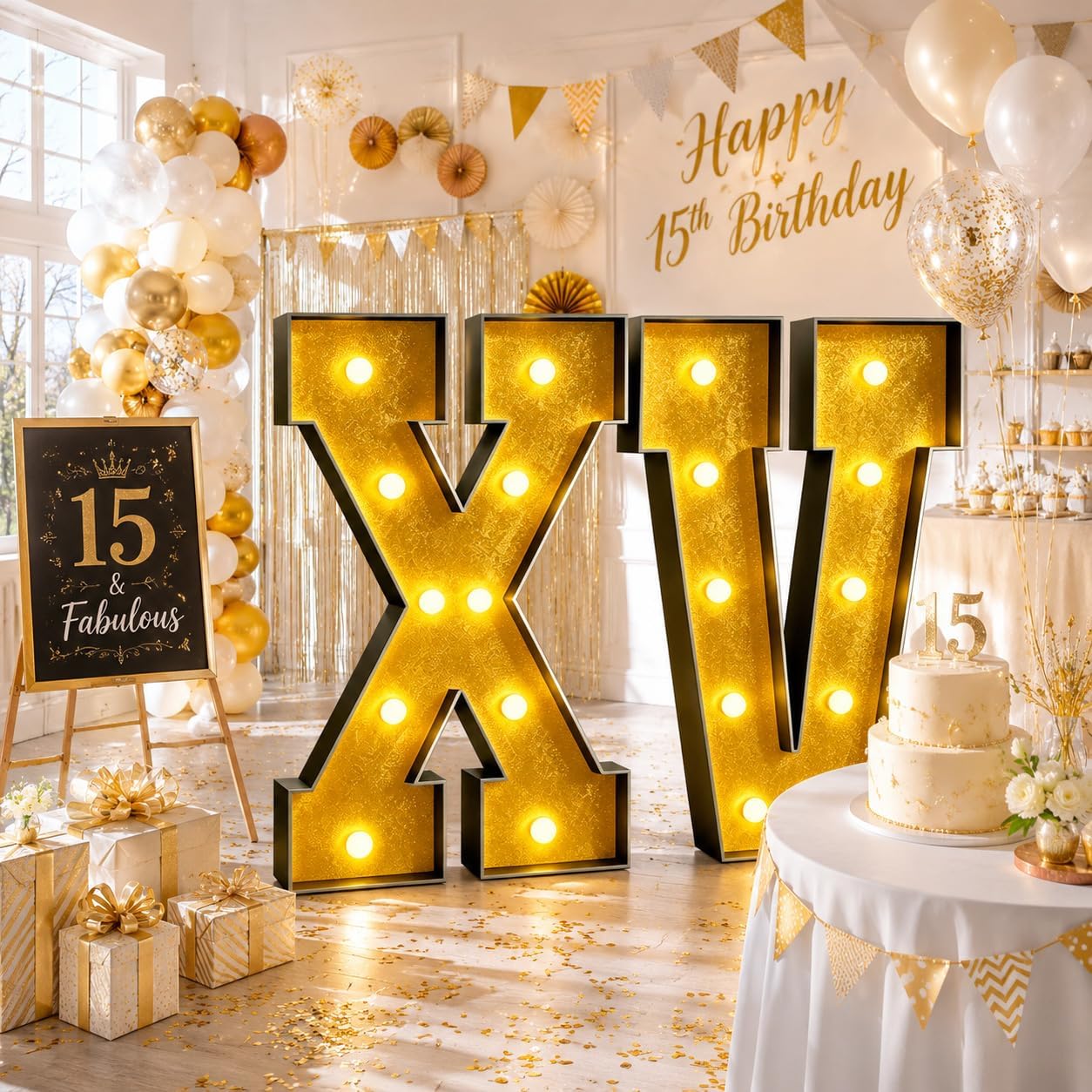3FT and 4FT Black Gold Sparkling Powder XV (15 years old) Birthday Party Decoration Letter Light, two sizes, suitable for male and female adult etiquette anniversary celebration background sponge card communication, high-end party decoration (3FT)