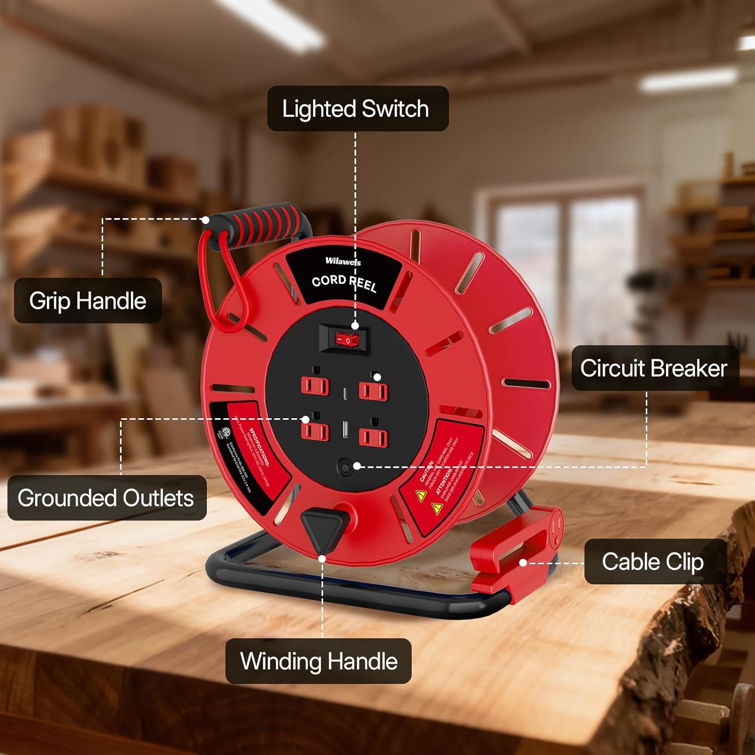 Extension Cord Storage Reel with 4-Grounded Outlet & 2 USB Port, 15A Circuit Breaker, Heavy Duty Open Cord Reel for 12/3,14/3 Gauge Power Cord, Hand Wind Retractable, ETL Listed Red R85CR06