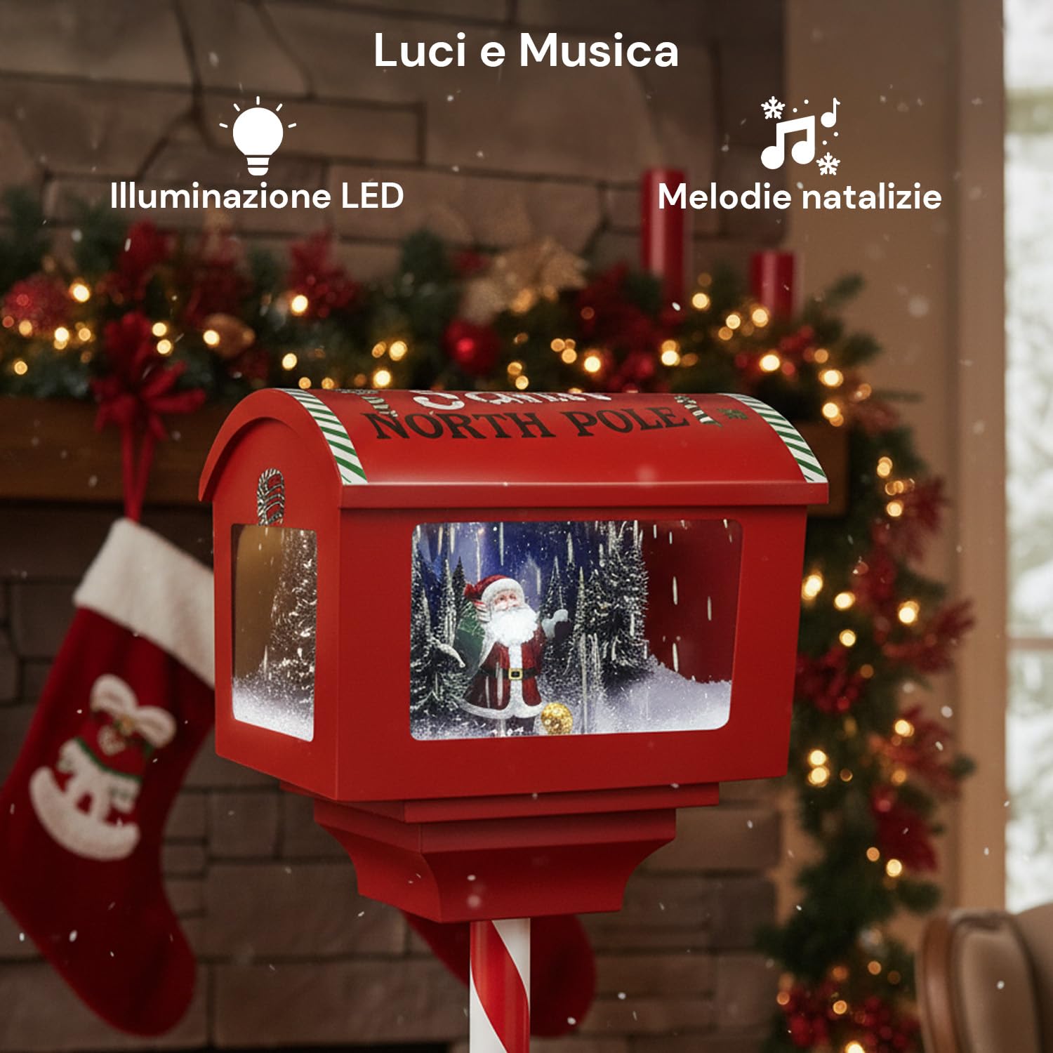 Wintem - Box Postale Scenografica 150cm con Luci, Suoni e Movimento per Decorazioni Natalizie di Grande Impatto, Funzionamento Tramite Cavo USB e 3 Batterie AA