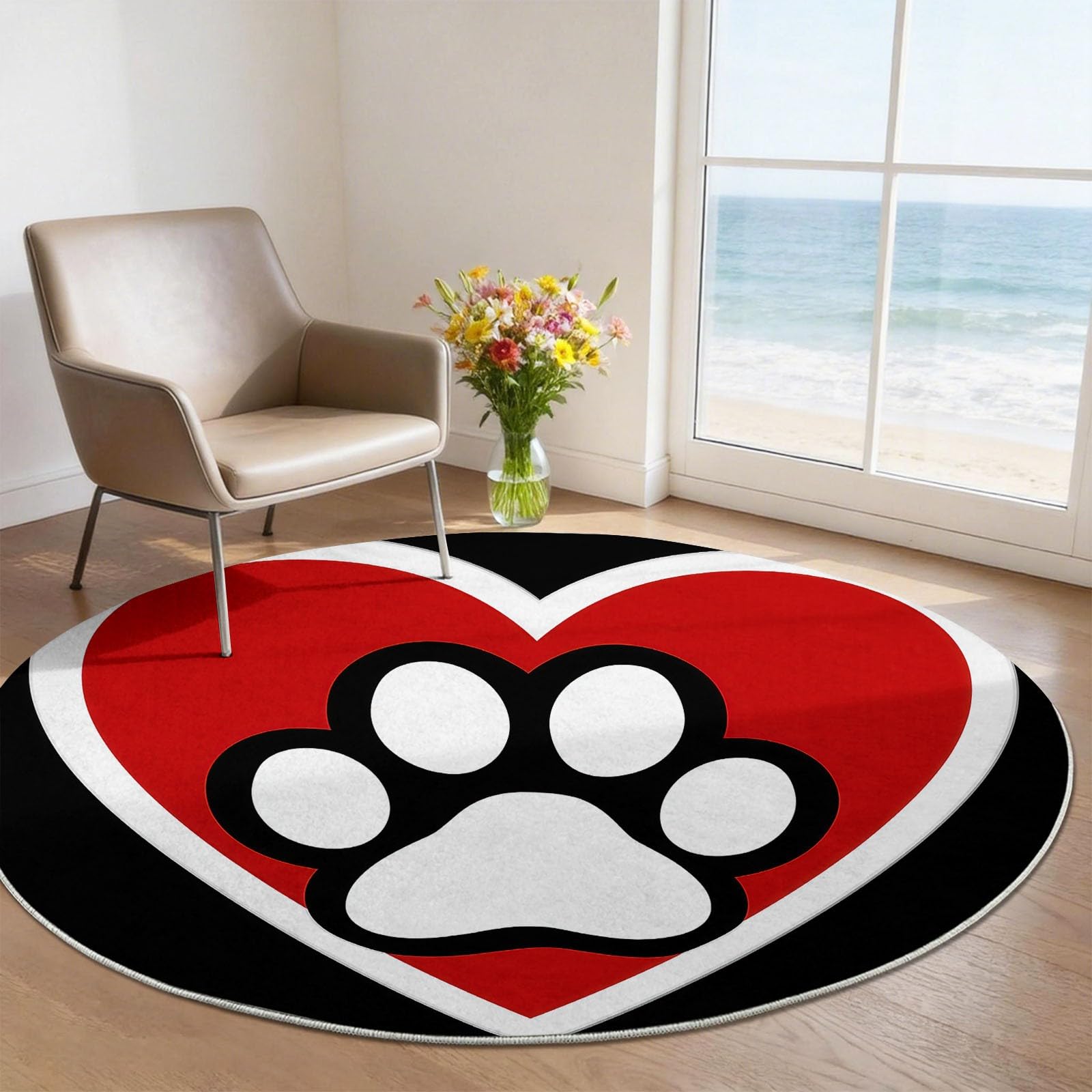 Generico 90 cm Tappeto rotondo Cartone Animato - Morbido Antiscivolo Impronte Zampe Animali Cuore Motivo Tappeti per Soggiorno Camera da Letto Pranzo decorazione, Nero Rosso interni lavabile Tappeto
