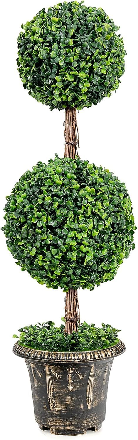 HOMGX Artificial Boxwood Topiary Tree, Fake Green Plant, Spherical Potted Plant for Indoor or Outdoor Use, Furniture Arrangement (3ft)