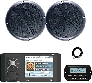 JBL Wake Series R4500 Marine USB Bluetooth AM/FM/WeatherBand Radio Receiver with Wired Remote, Extension Cable, 2x 5.25" 20 Watt Max Power Polycone Audio Speakers (Bulk Packaging)
