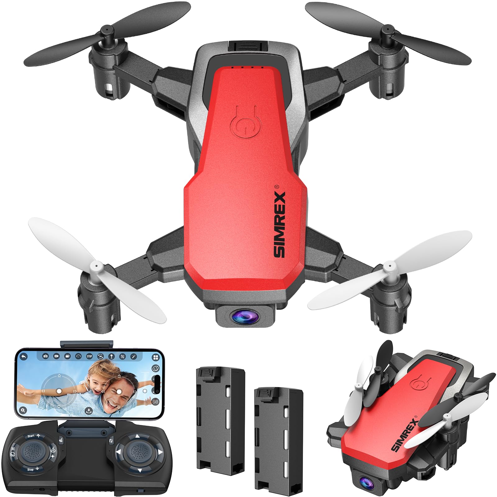 SIMREX X300C Mini Drone with Camera 720P HD, RC Quadcopter Foldable, Altitude Hold, 3D Flip, Headless Mode, Gravity Control and 2 Batteries, Gifts for Kids, Adults, Beginner, Red