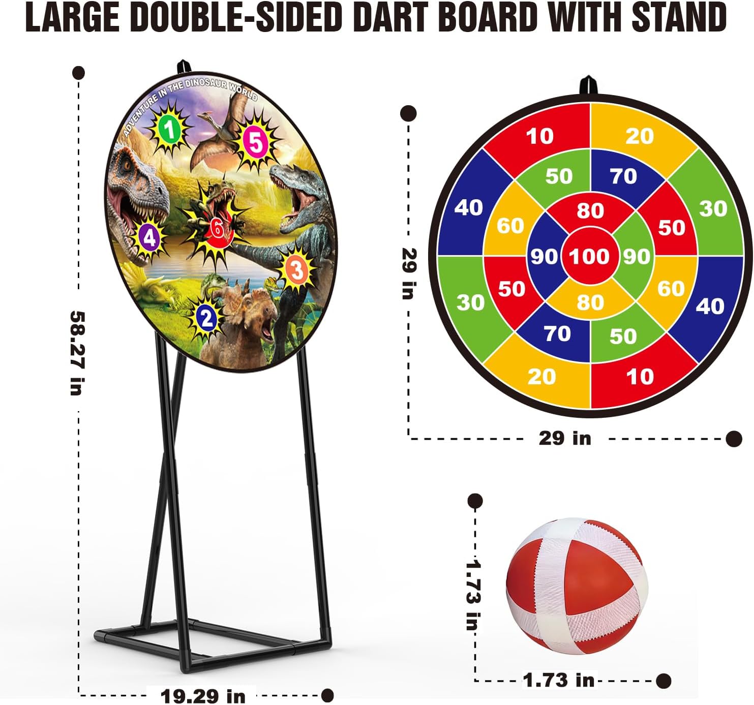 GOODLYSPORTS Dart Board for Kids, Outdoor Dinosaur Toys Games for Boys, 29" | Dartboard with Dart Zone & Sticky Balls, 2-Sided with Stand, Party Dinosaur Toys for Kids Ages 3-5 5-7 4-8 8-12 Year Old