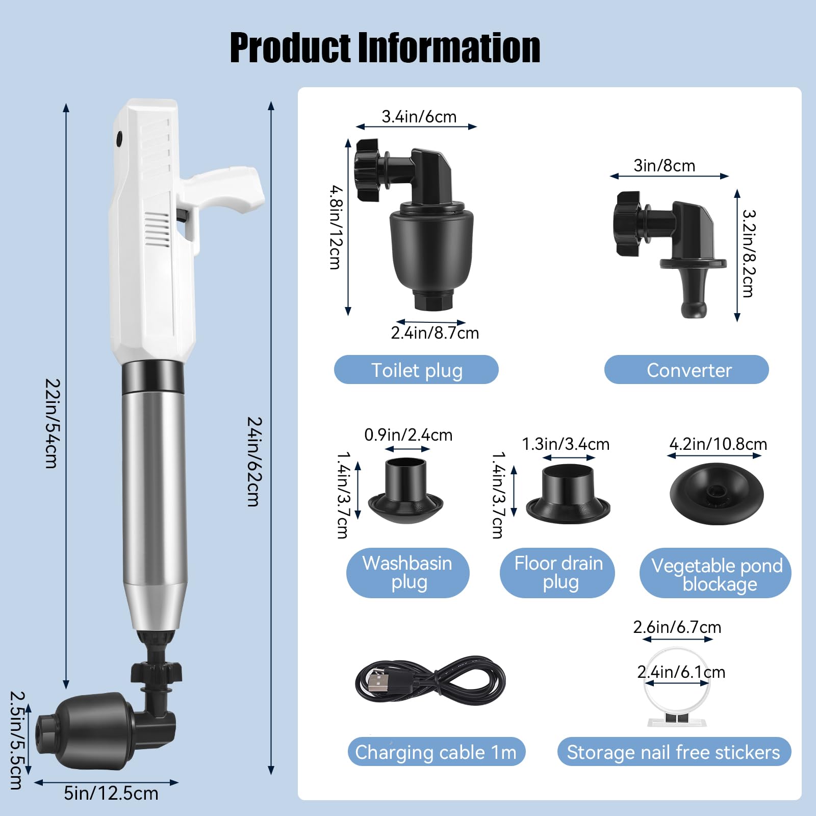 Déboucheur WC Électrique, Déboucheur de Toilette Haute Pression, Déboucheur Canalisation Air Comprimé avec 4 Têtes Remplaçables, pour Déboucher les Toilettes, Drain de sol, Lavabo, Baignoire