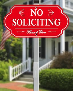 Heavy Duty No Soliciting Sign for House - All Metal Construction No Soliciting Yard Sign - 14" x 7" - Aluminum - with 28" Long Stake (Red)