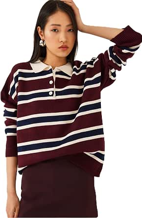 Shade Kadın Polo Yaka Triko Kazak 241184 60261215, Bordo-Krem, Standart