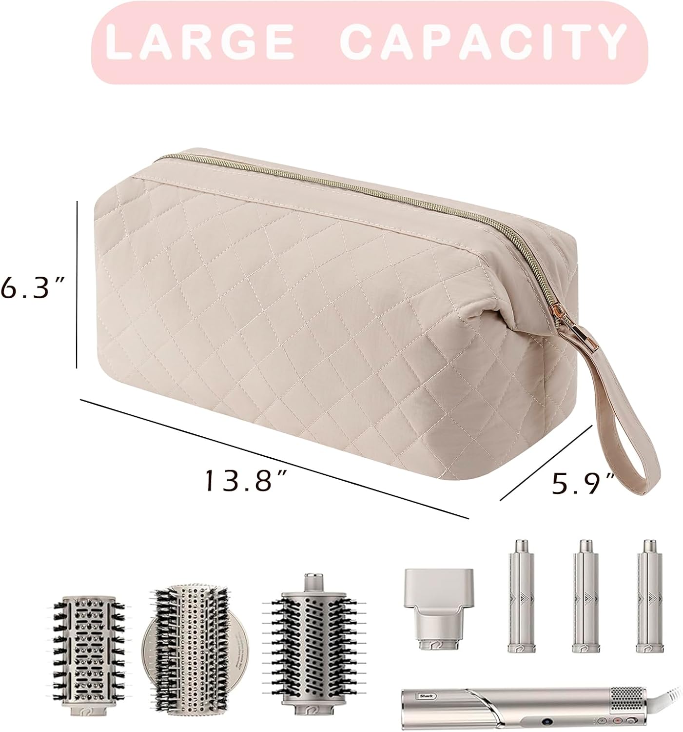 Large QuiltedHair Tools Travel Bag, Water-resistant Hair Styling Accessories Storage Case for Flat Irons,Straightener,Curling Iron,Hair Dryer and Attachments, Cute Portable Organizer(Beige)