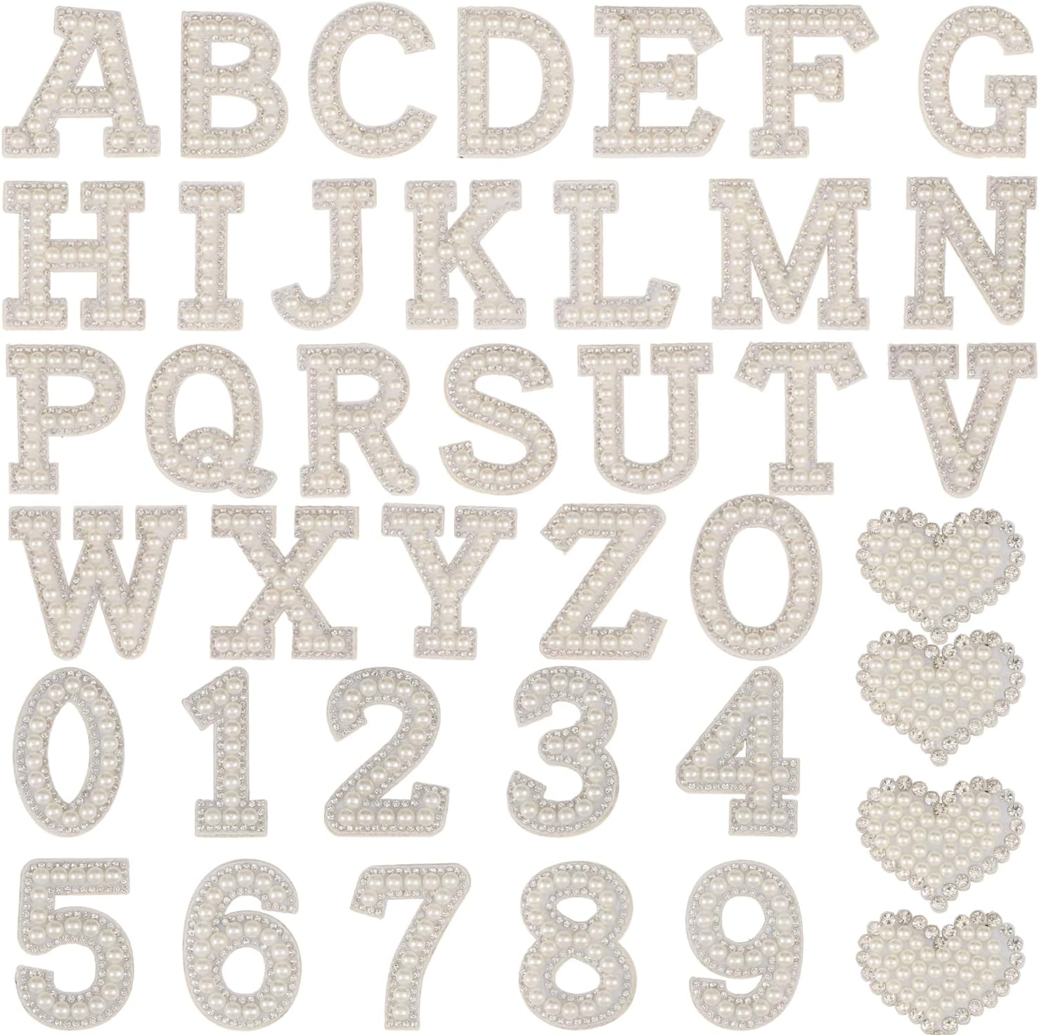 40PCS Pearl Rhinestone Patches Alphabet A-Z Glitter Number 0-9 Heart Pearls Repair Patch Sew on Appliques for DIY Clothing Bags Crafts Decor (Pink)