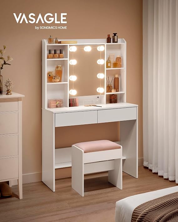 VASAGLE Dressing Table with 9 Bulbs, Strip, Mirror, 2 Drawers