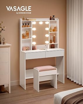 VASAGLE Dressing Table with 9 Bulbs, Strip, Mirror, 2 Drawers
