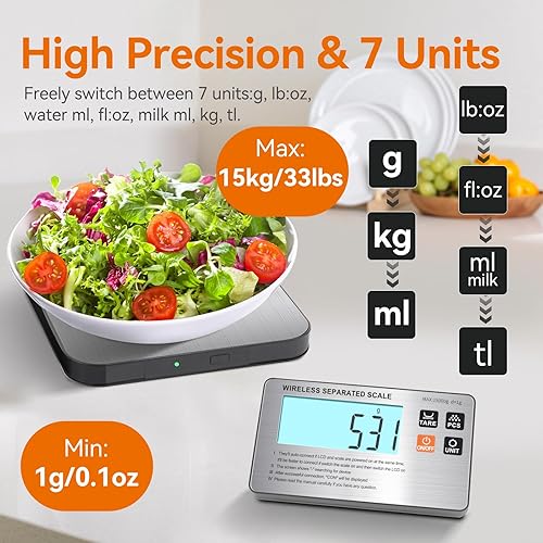Miniatura 4 de Báscula inalámbrica separada de alimentos, báscula digital de cocina dividida de 33 libras, peso gramos y onzas para hornear, cocinar y preparar