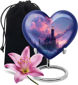 Cremation Heart Urns for Human Ashes, Burial Lighthouse Urn for Ash, Memorial Gift for Grandfather, Medium, Blue, 6 Inch
