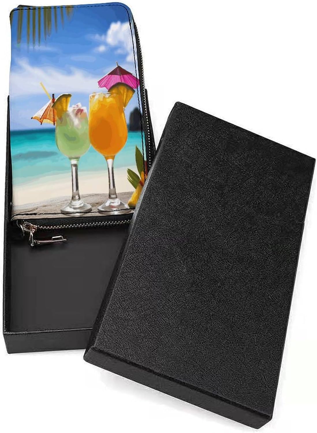 Pu Leather Wallet, Tropical Beach Drink Print Women's Card Holder Wallet Large Capacity Wallet Long Wallet for Women Handheld Clutch Wallet