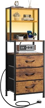 WLIVE LED Bedside Table with Charging Station, Tall Bedside Cabinet with 3 Drawers and Bookshelf, Bed Side Table for Bedroom, Living Room, Rustic Brown