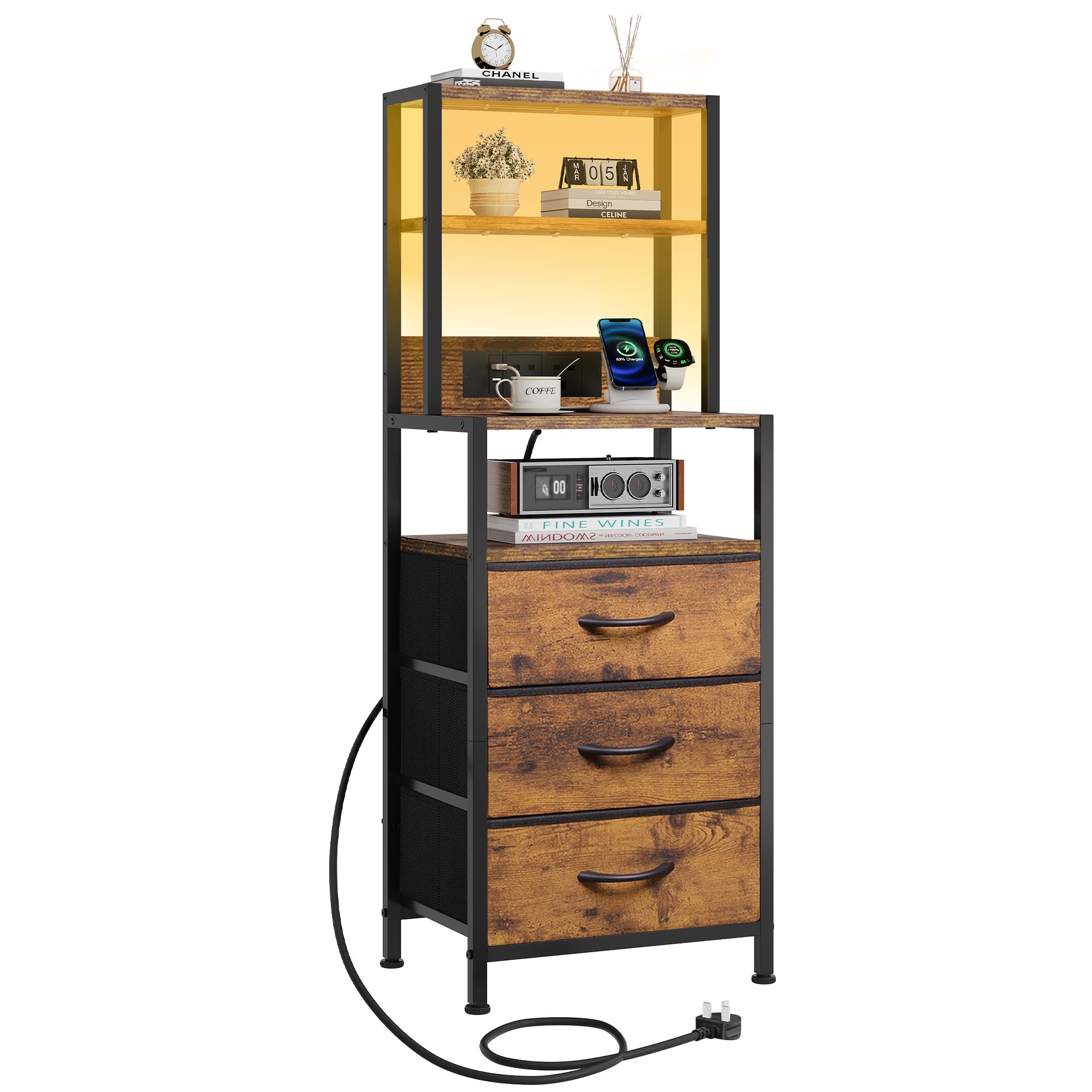 WLIVE LED Bedside Table with Charging Station, Tall Bedside Cabinet with 3 Drawers and Bookshelf, Bed Side Table for Bedroom, Living Room, Rustic Brown