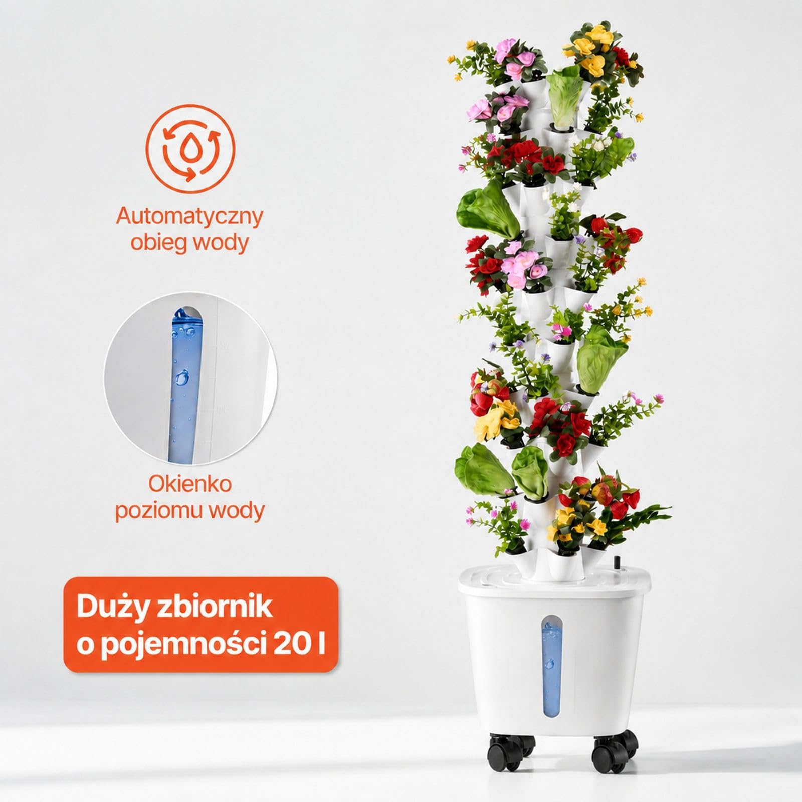 Pionowy system hydroponiczny z 50 miejscami do sadzenia, 10 poziomami, zbiornikiem na wodę 20 l, pompą wodną i kółkami, do ziół, owoców i warzyw w pomieszczeniach