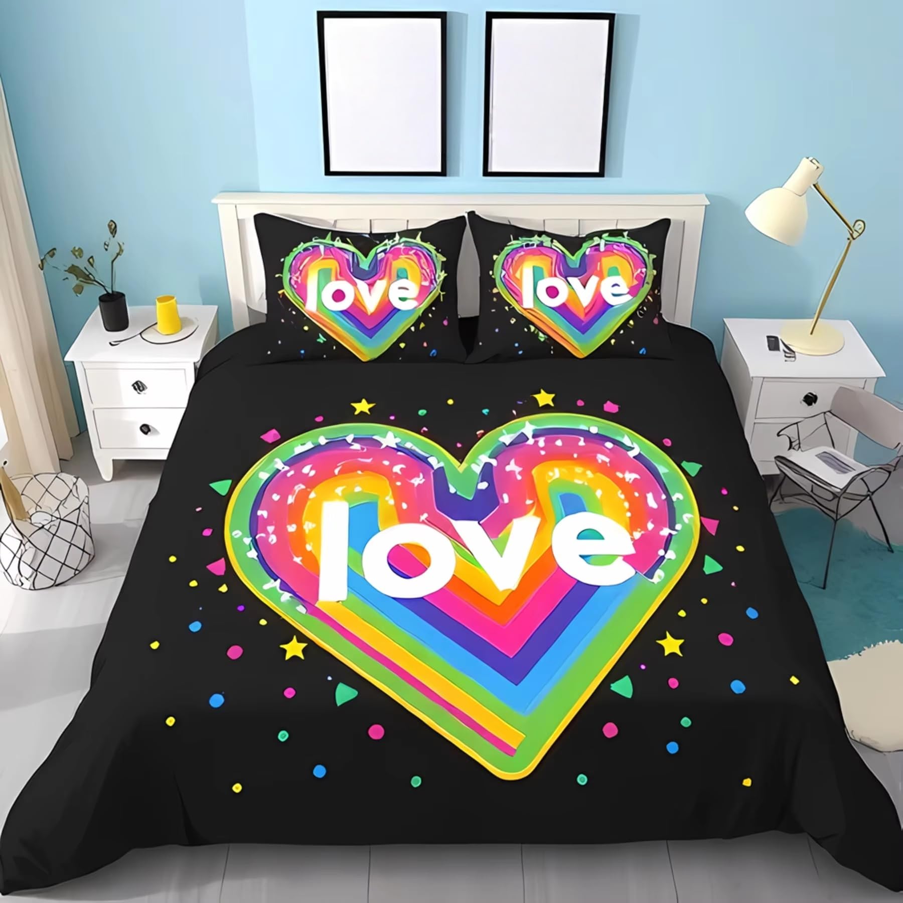 Parure de lit 200x200 motif cœur arc-en-ciel pour lit double