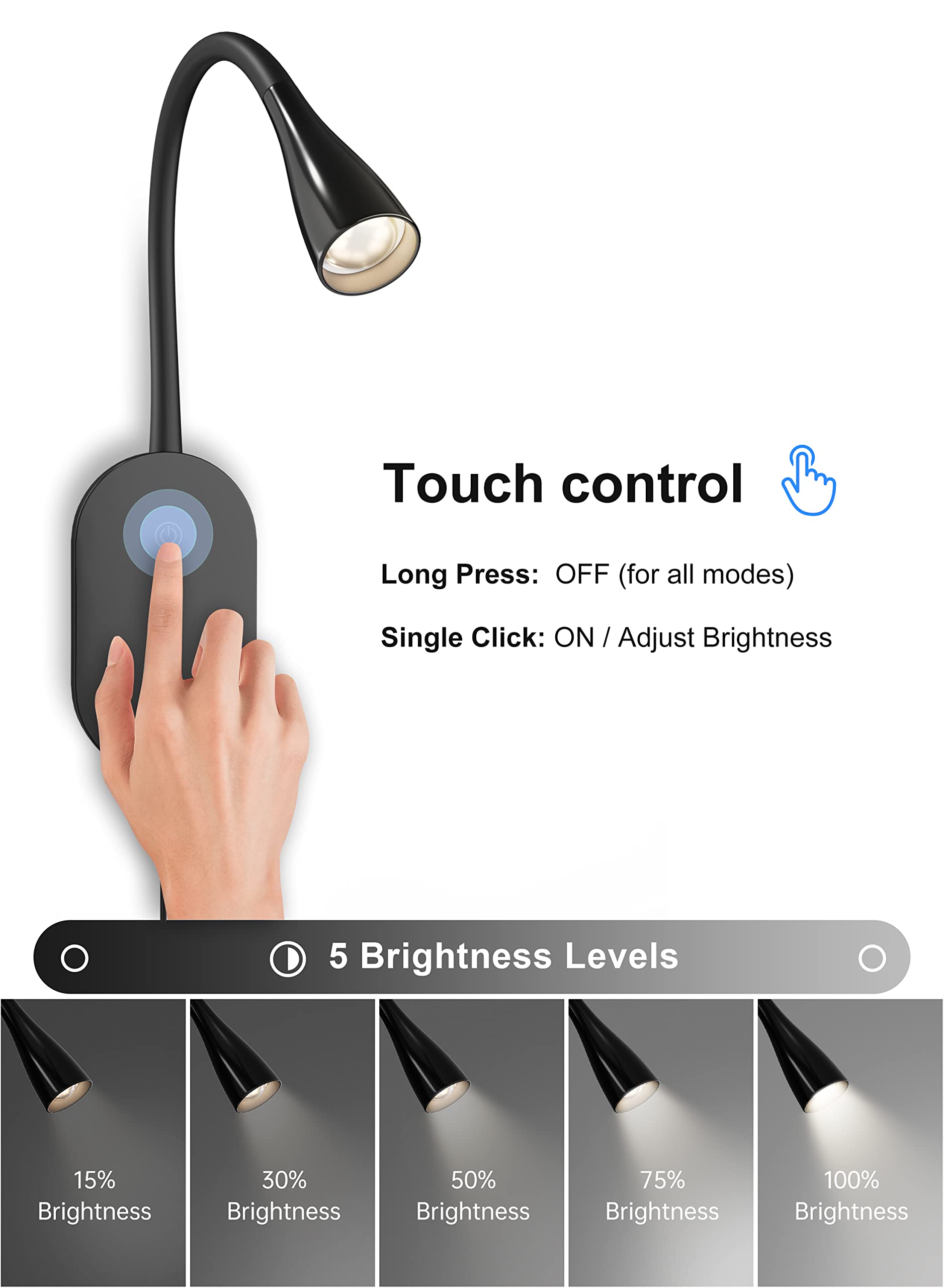 deeloop Lámpara de lectura LED para cama, lámpara de lectura con salida USB, 5 niveles de brillo, control táctil, 4000 K, lámpara de noche flexible, 2 sencillos