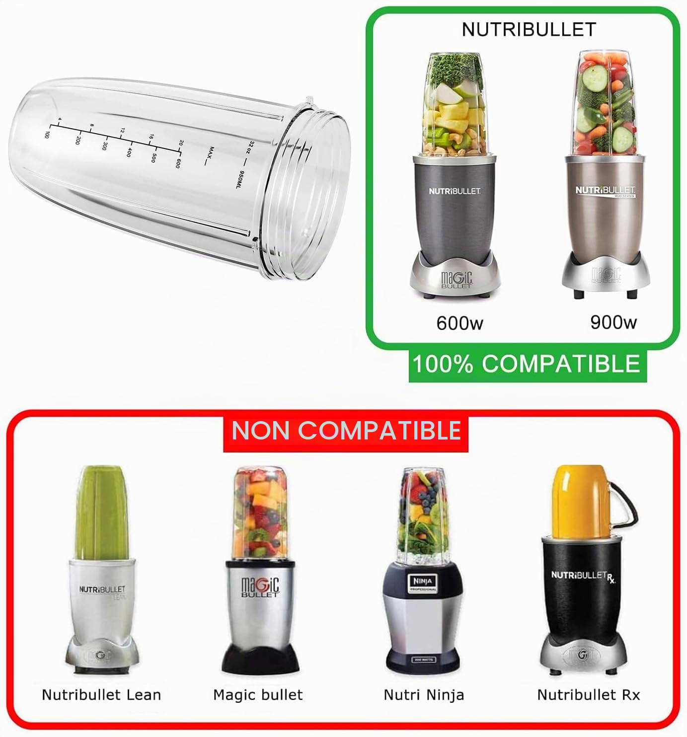 Gobelet de centrifugeuse de 32 oz compatible avec le mixeur électrique NutriBullet 900 W/600 W, grands gobelets Accessoires Pièces de rechange
