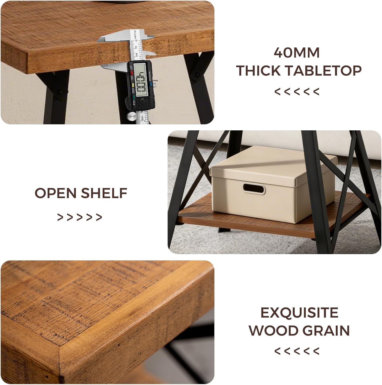 Solid Wood End Table, 2 Tier Square Side Table with Storage Shelf, Solid Pine Top, Sturdy Metal Legs Nightstand for Small Spaces, Living Room, Bedroom, 20 x 20 x 24.8 in, Rustic Brown