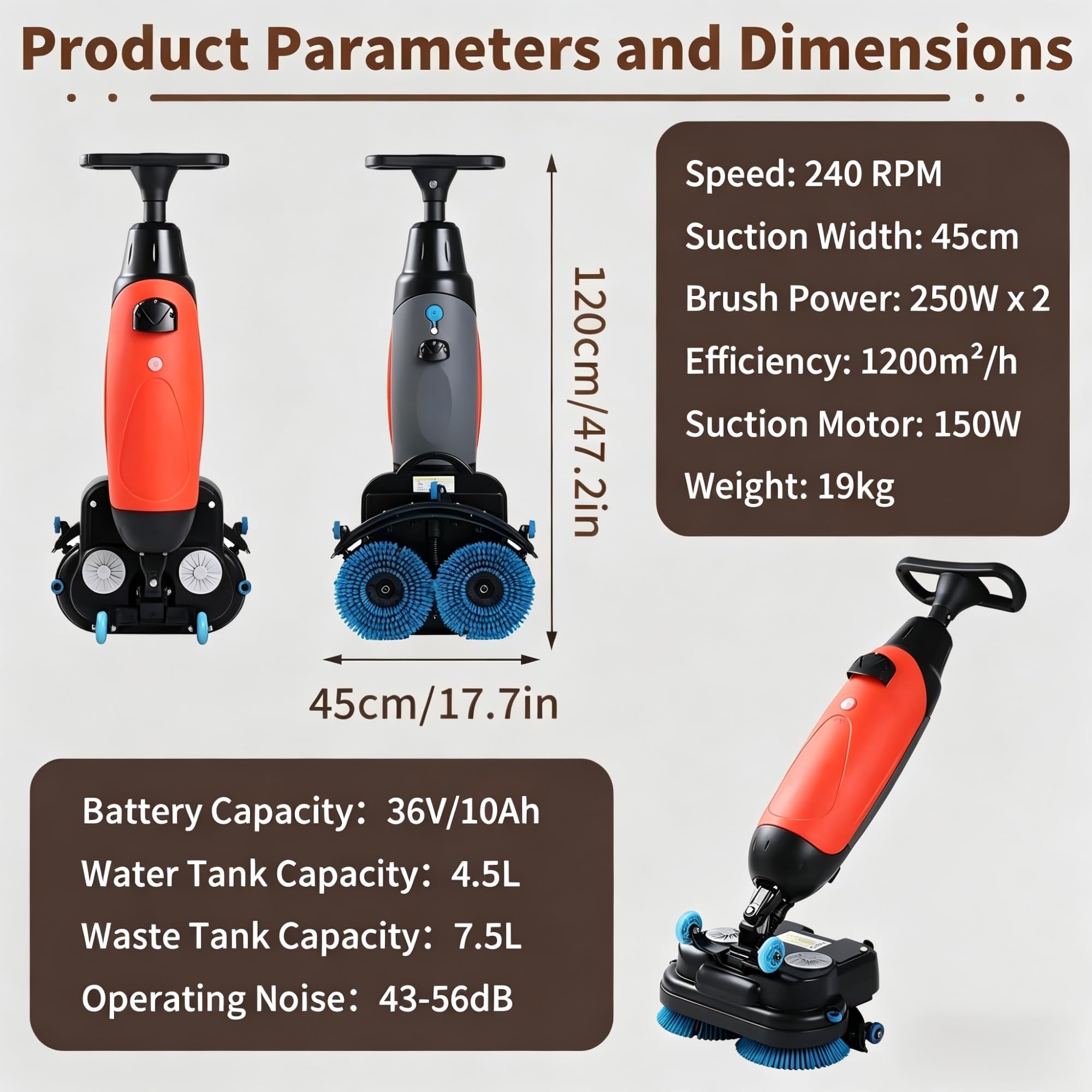 Autolaveuse Professionnelle 17", Double Brosse Rotative, 240 Tr/min, Couverture 1 200 M²/h, Batterie Lithium-ion Rechargeable Sans Fil, For Parquet Et Carrelage