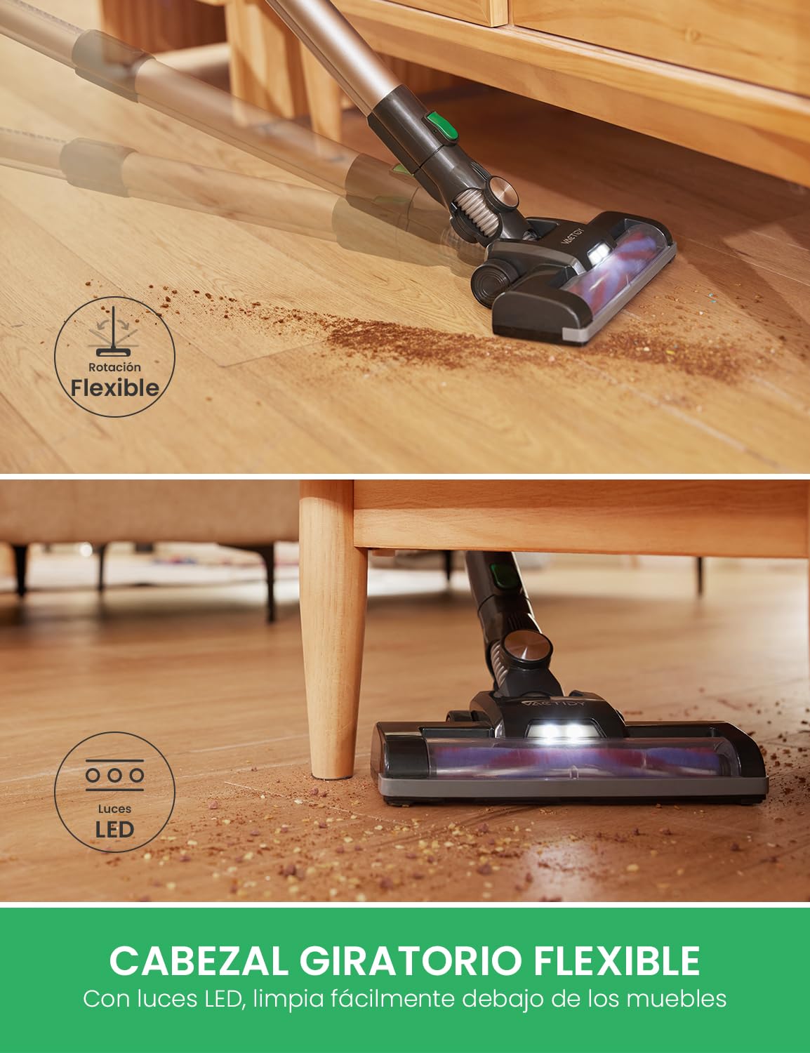Vactidy V8 Aspiradora sin Cable 25KPa, 3-en-1 Escoba Aspiradora sin Cable Menor Ruido, Autonomía 35 Mins, Potente Succión, 4 Etapas de Filtración, Aspirador Vertical para Pelo de Mascota