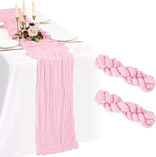 Showgeous 2 Pack Light Pink Cheese Gauze Table Runners 10ft Boho Gauze Table Runners Romantic Rustic Transparent Table Decorations for Wedding Party, Baby Shower, Birthday, Holiday, Home