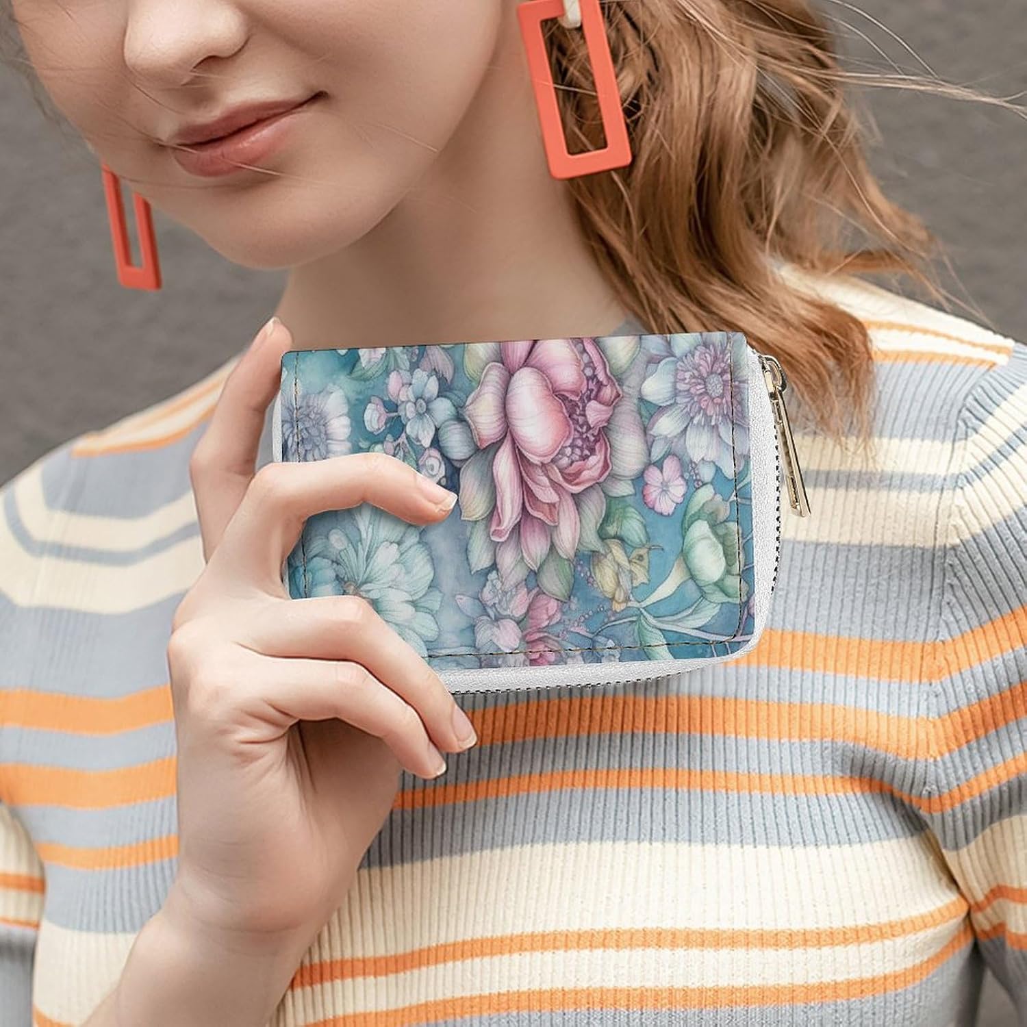 Leather Card Organizer Case Card Wallet Credit Card Holder Blue Style Flowers Printed Zipper Card Cases Holder for Women Men