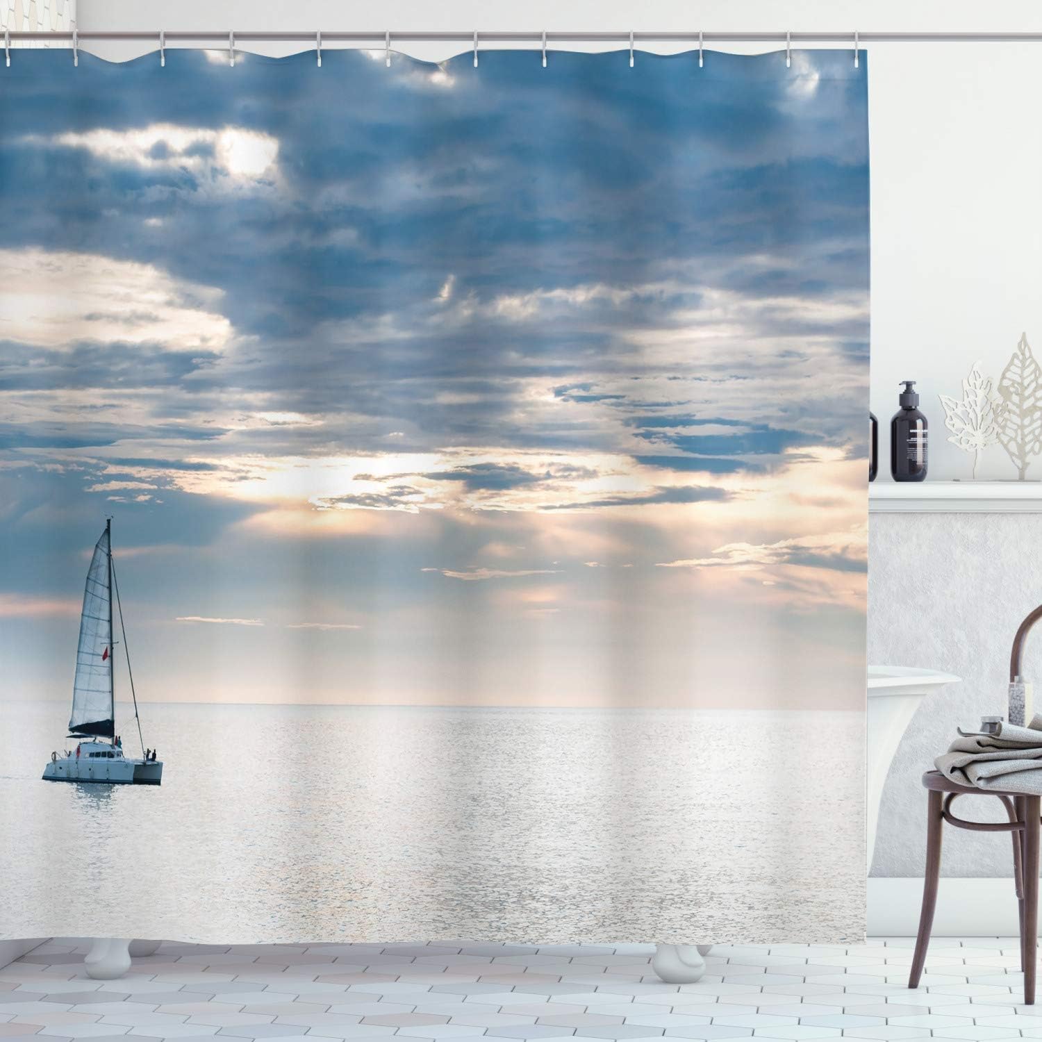 Ambesonne Nautical Shower Curtain, Sailing Yacht in The Morning Time on Tranquil Seascape Cloudy Sky Peaceful Marine Image, Cloth Fabric Bathroom Decor Set with Hooks, 69" W x 70" L, Aqua Blue
