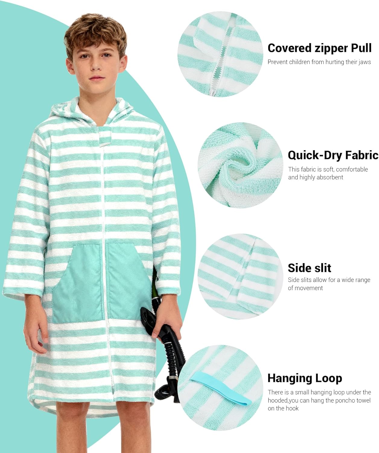 MissShorthair Kids' Hooded Towel Poncho with Zipper Beach Cover-Up with Pocket Swim Towel Robe for Boys & Girls