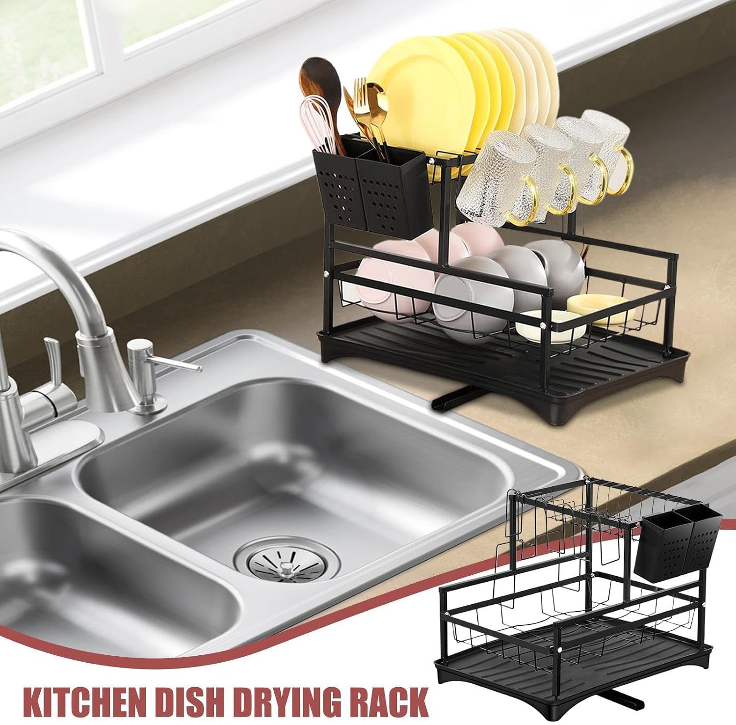 Kitchen Dish Drying Rack - 2-Tier Plate Storage Rack, Pot Lid Drainer | with Utensil Holder Organizer, Compact Kitchen Storage, Space Saving Countertop Rack, Sturdy Drying Stand for Apartment Rv