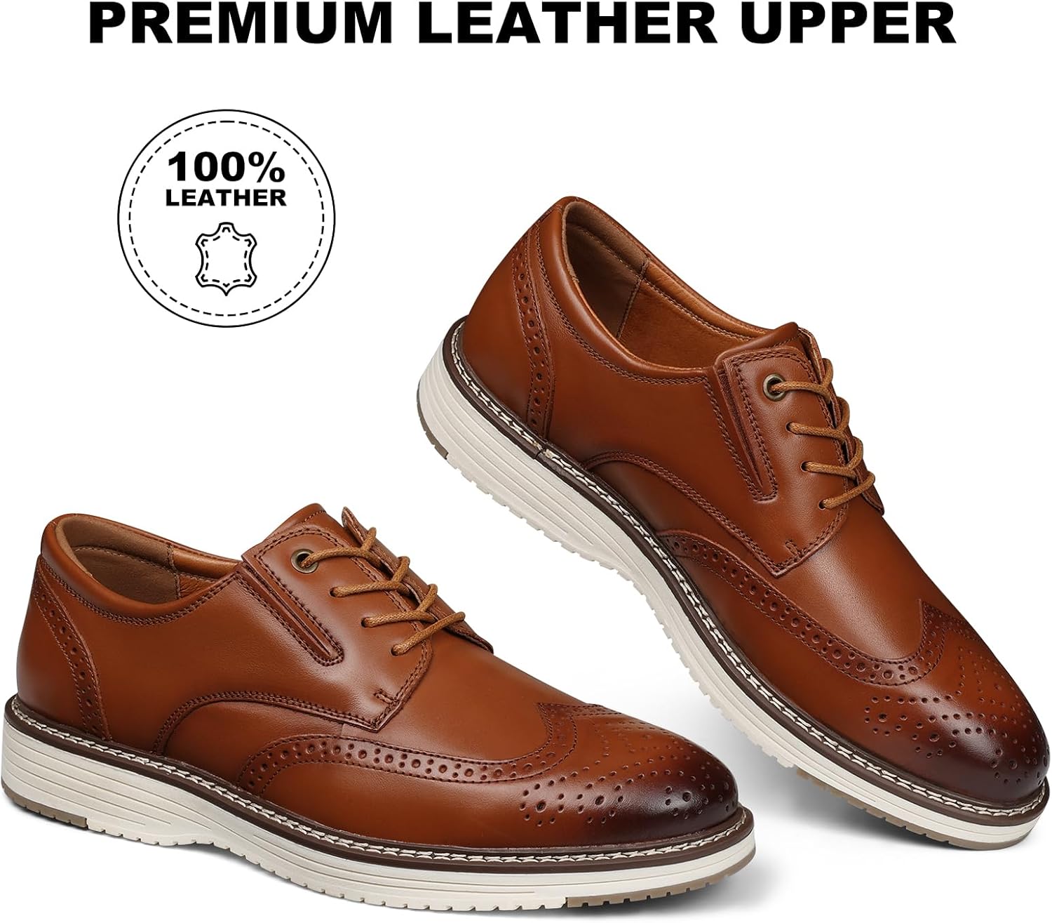 Mens Dress Shoes, Genuine Leather Brogue Wingtip Casual Oxford Shoes with Arch Support, Comfortable Stylish Lace Up Formal Derby Dress Sneakers for Business Daily Wedding - Image 3